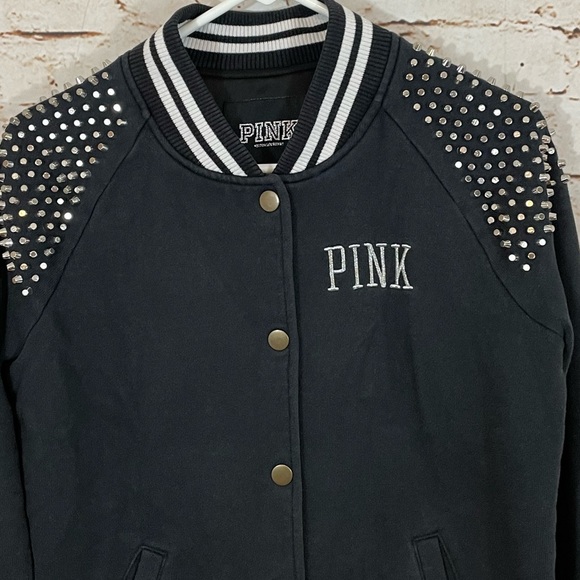 Victorias Secret Pink black varsity coat small Bomber STUDS Bling snap jacket - Picture 5 of 8